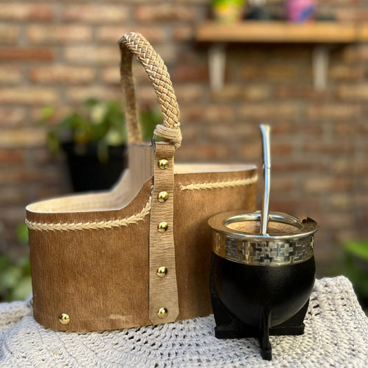 Matera Cuero Crudo + Mate Imperial Y Bombilla Alpaca pico recto