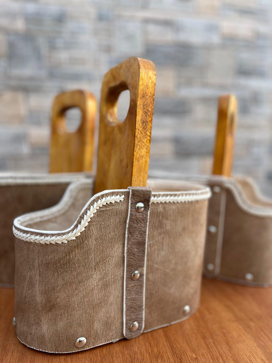 Matera de cuero crudo base y agarre de madera