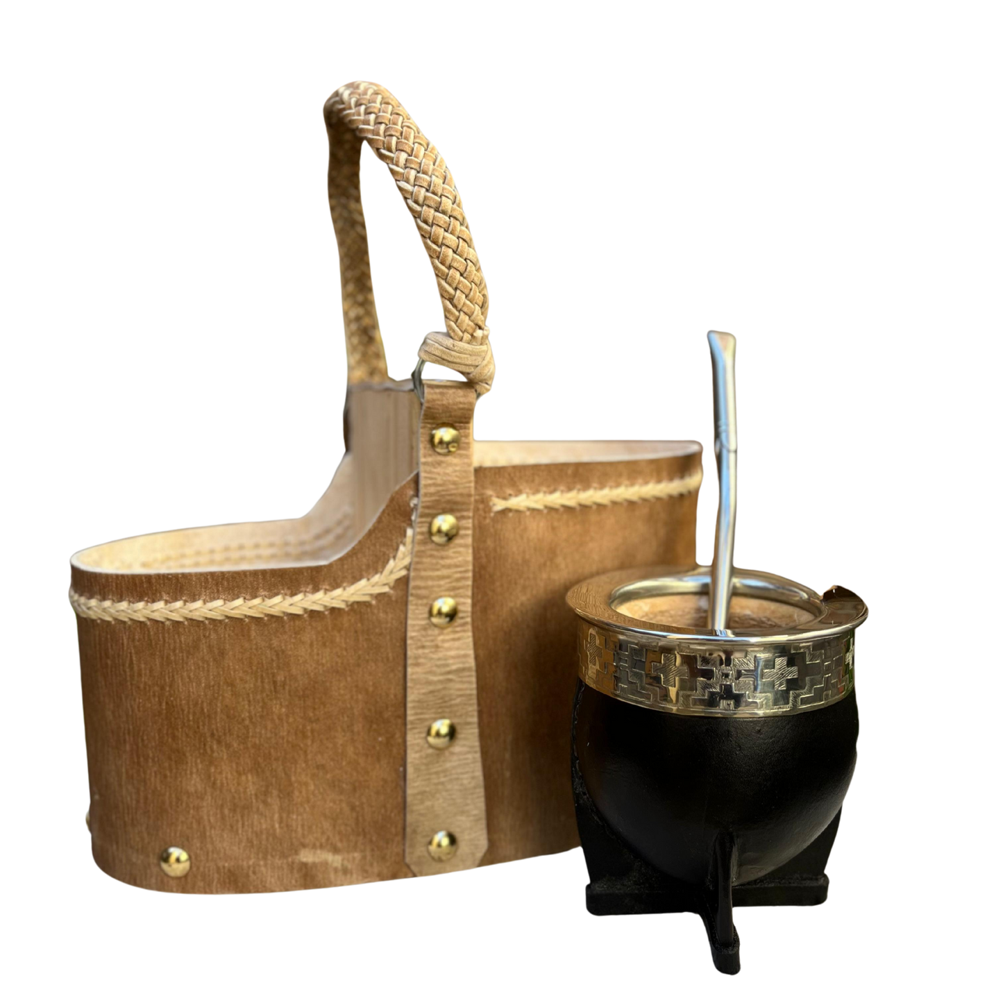 Matera Cuero Crudo + Mate Imperial Y Bombilla Alpaca pico recto