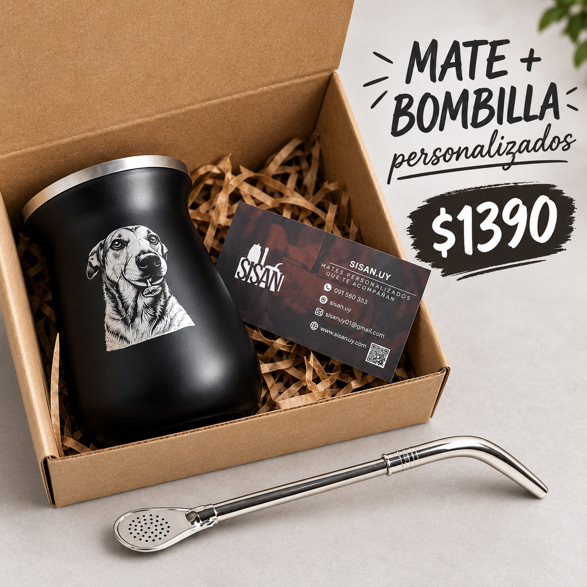 Mate acero inoxidable negro + bombilla de alpaca pico loro Personalizados