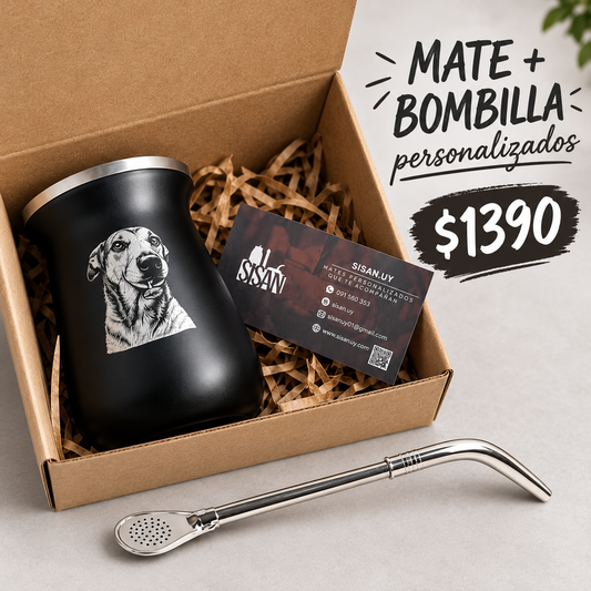 Mate acero inoxidable negro + bombilla de alpaca pico loro Personalizados