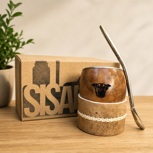 Mate boquilla chata personalizado + posa mate de cuero y bombilla de alpaca